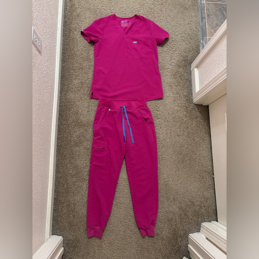 Figs Hot Pink Scrub Top and Jogger Pants with Blue Drawstring